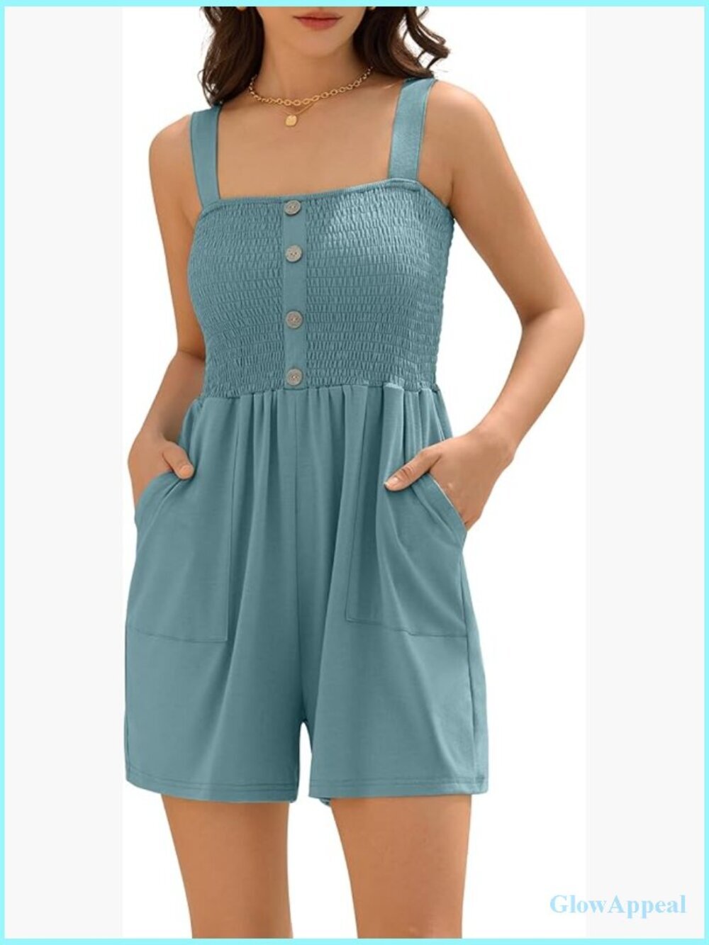 Smocked Romper Short Jumpsuit Sleeveless Faux Button Pockets Vacation